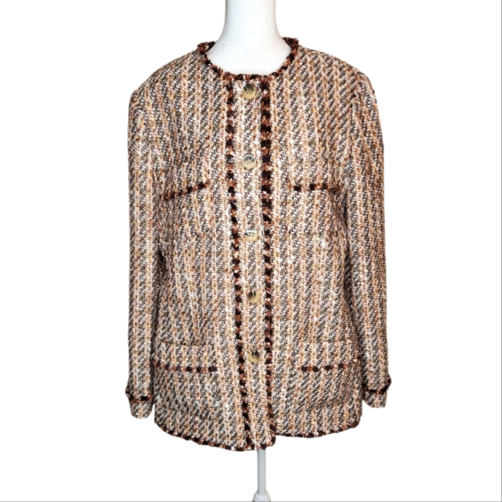 Ann Taylor Metallic Fringe Tweed Blazer Jacket Brown Multi Size 14